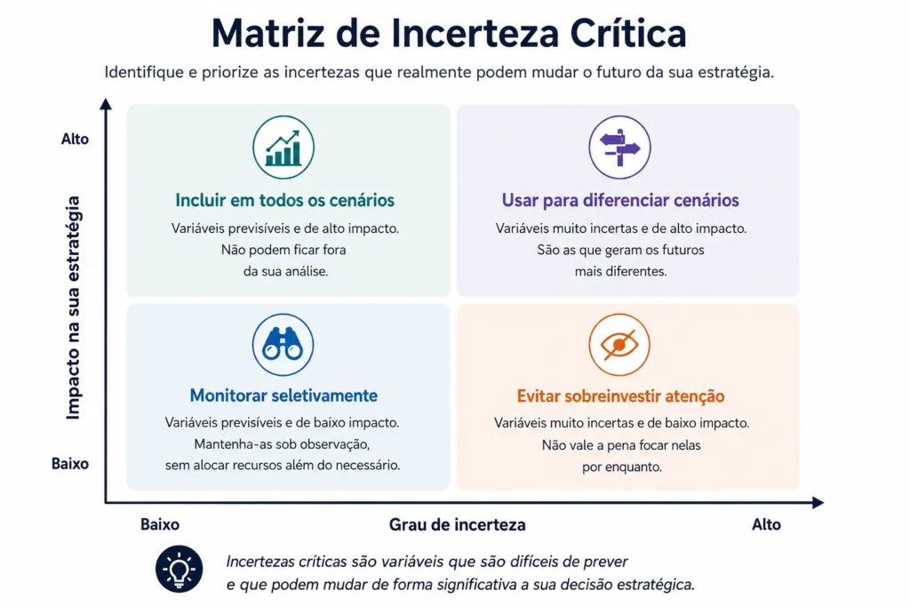 As incertezas críticas são variáveis difíceis de prever e capazes de alterar significativamente sua decisão estratégica.