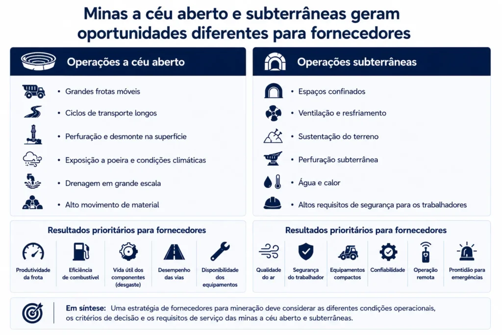 Comparação da Midas entre operações de mineração a céu aberto e subterrâneas e as diferentes oportunidades para fornecedores, equipamentos e prioridades de desempenho em cada uma.