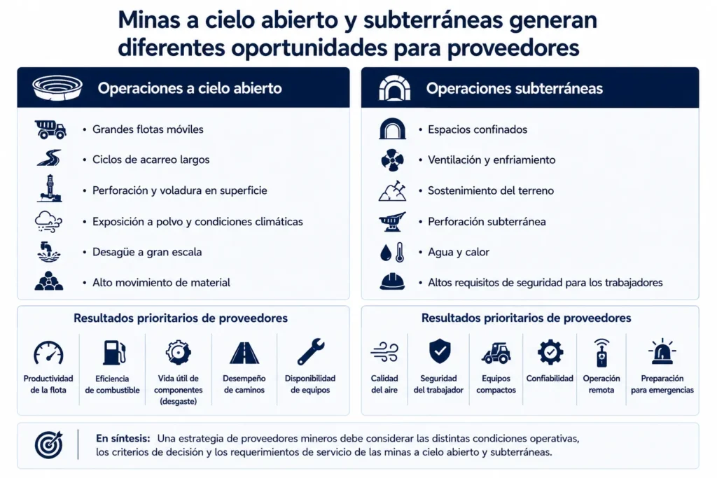 Comparación de Midas entre operaciones mineras a cielo abierto y subterráneas, y las diferentes oportunidades para proveedores, equipos y prioridades de desempeño en cada una.