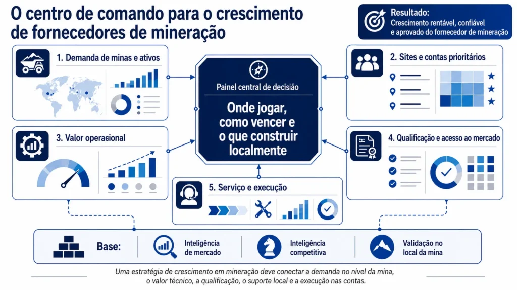 Centro de comando de crescimento para fornecedores de mineração da Midas, que conecta demanda da mina, prioridades das contas, valor operacional, qualificação, serviço e execução.