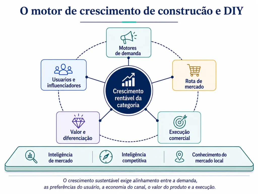 Motor de crescimento de construção e DIY da Midas que conecta demanda, usuários, canais, diferenciação e execução comercial.