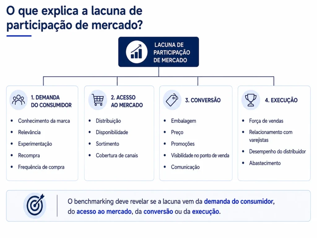Árvore de impulsionadores de participação de mercado em alimentos e bebidas da Midas que abrange demanda do consumidor, distribuição, disponibilidade, preços, promoção e execução comercial.