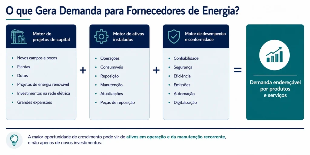 Estrutura da Midas para a demanda de fornecedores do setor energético, combinando projetos de capital, ativos instalados, manutenção, segurança, eficiência, conformidade e digitalização.