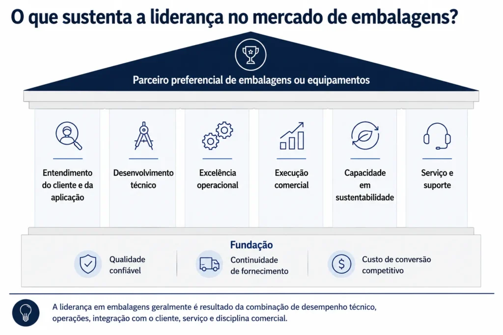 Casa da competitividade em embalagens da Midas, mostrando qualidade, fornecimento, custo, conhecimento dos clientes, desenvolvimento técnico, operações, sustentabilidade, serviço e execução comercial.