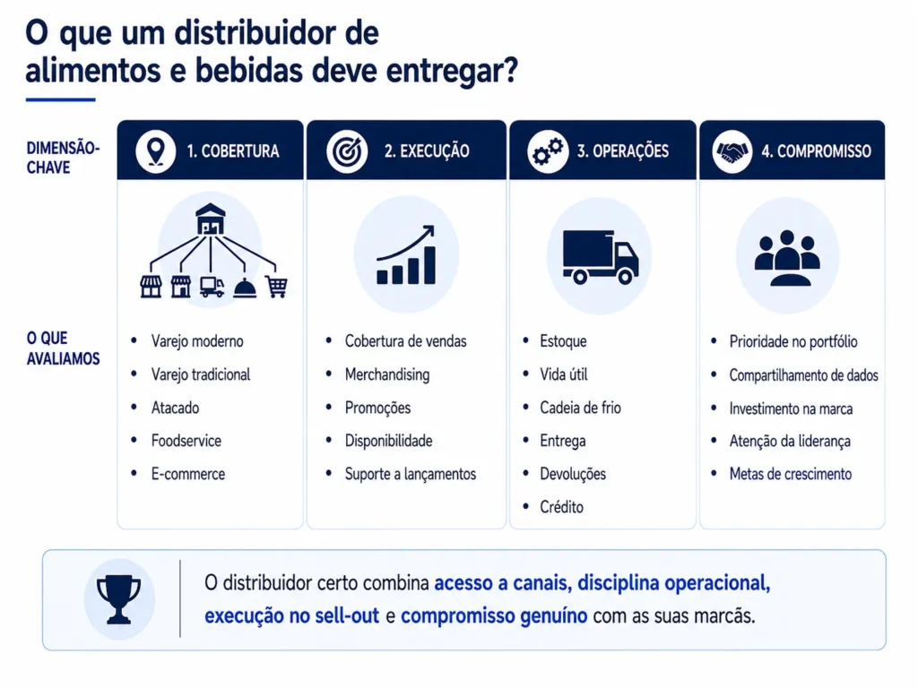 Avaliação de distribuidores de alimentos e bebidas da Midas que abrange alcance de canais, execução comercial, estoque, cadeia de frio, dados e compromisso com a marca.