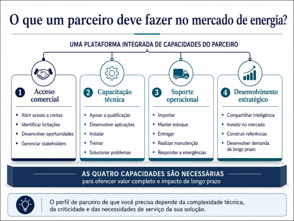Estrutura da Midas para parceiros do setor energético, abrangendo acesso comercial, capacitação técnica, suporte operacional e desenvolvimento estratégico.