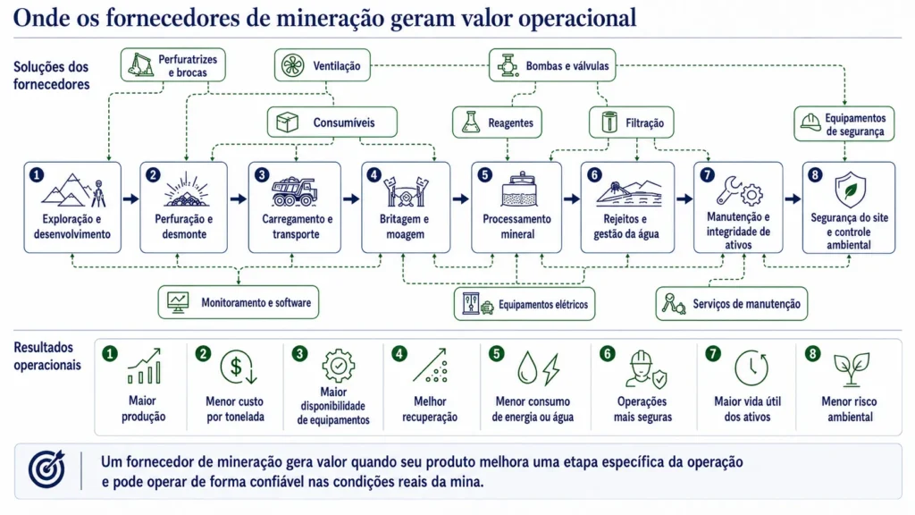 Descrição da Midas do fluxo das operações de mineração, mostrando perfuração, transporte, britagem, processamento, água, manutenção e segurança, junto com os produtos fornecidos em cada etapa.