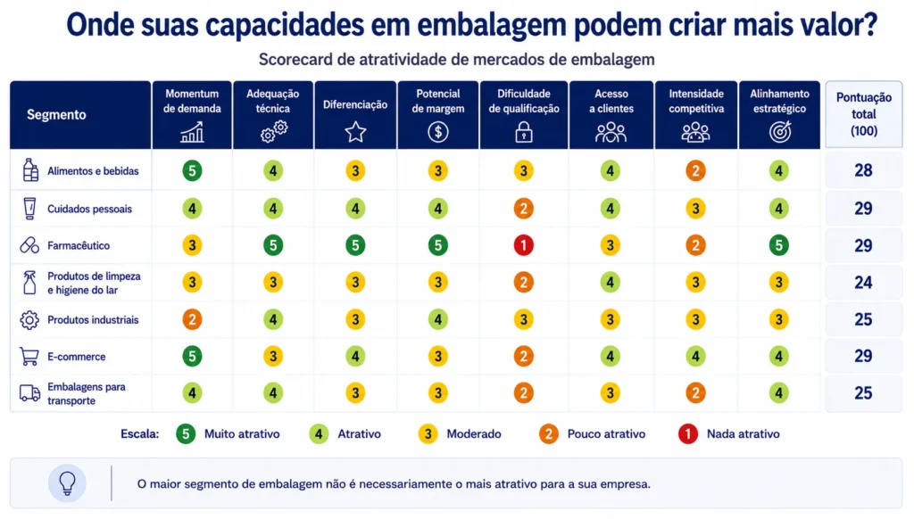 Scorecard da Midas para o mercado de embalagens, comparando setores de uso final por demanda, adequação técnica, diferenciação, margens, qualificação, acesso e concorrência.
