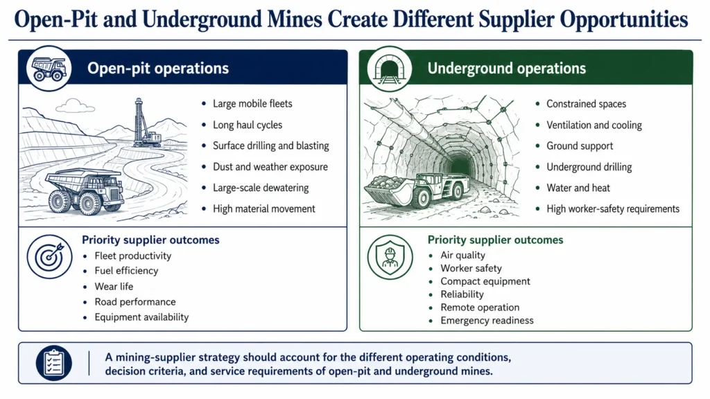 Midas comparison of open-pit and underground mining operations and the different supplier opportunities, equipment, and performance priorities in each.
