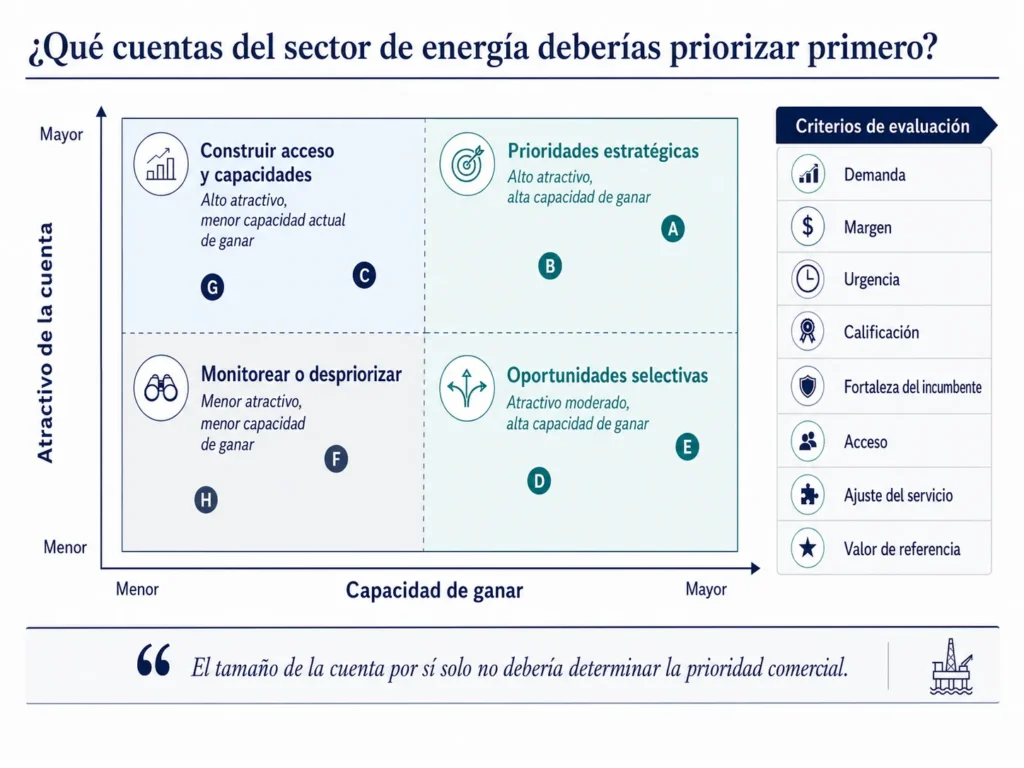 Matriz de Midas para priorizar cuentas del sector energético, que compara el atractivo del mercado con la capacidad del proveedor para ganar.