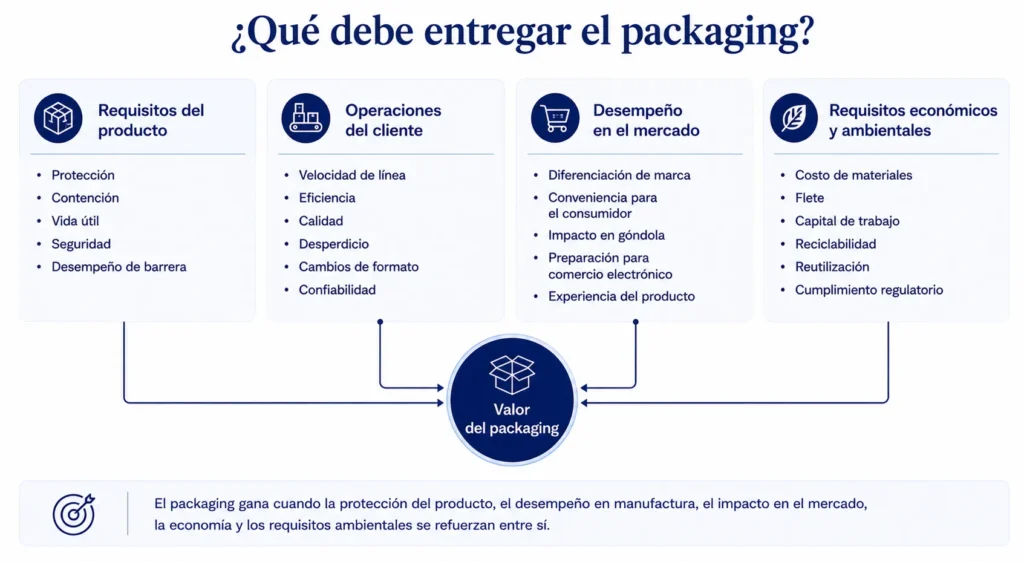 Marco de valor de Midas para envases que conecta la protección del producto, el desempeño de la línea de producción, el impacto de marca, la conveniencia para el consumidor, el costo, la regulación y la sostenibilidad.