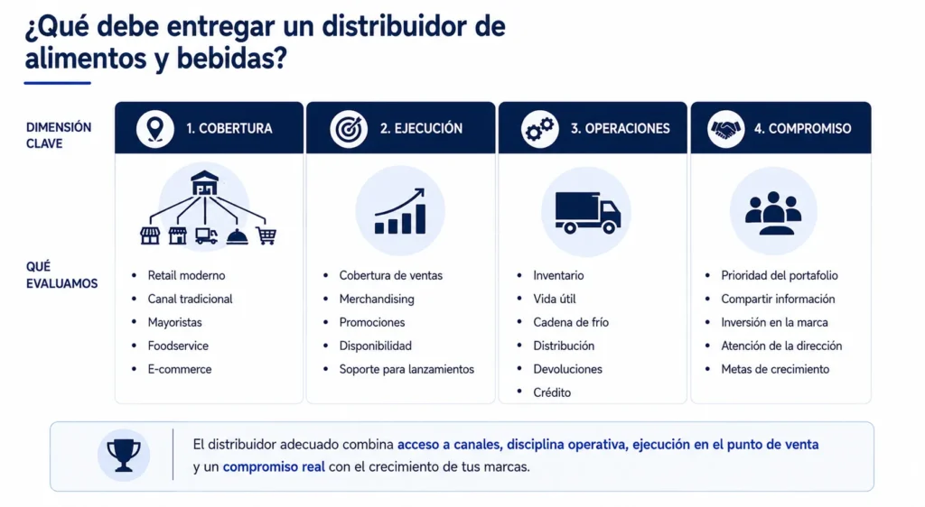Evaluación de distribuidores de alimentos y bebidas de Midas que abarca alcance de canales, ejecución comercial, inventario, cadena de frío, datos y compromiso con la marca.
