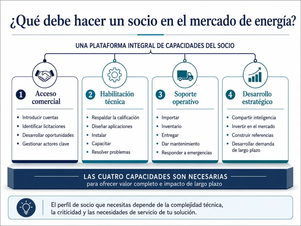 Marco de Midas para socios de la industria energética, que abarca acceso comercial, capacidades técnicas, soporte operativo y desarrollo estratégico.