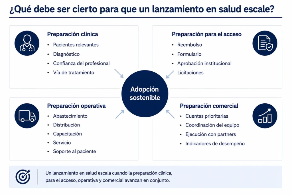 Marco de preparación para lanzamientos en salud que abarca los requisitos clínicos, de reembolso, institucionales, de abastecimiento, capacitación, servicio y comerciales.