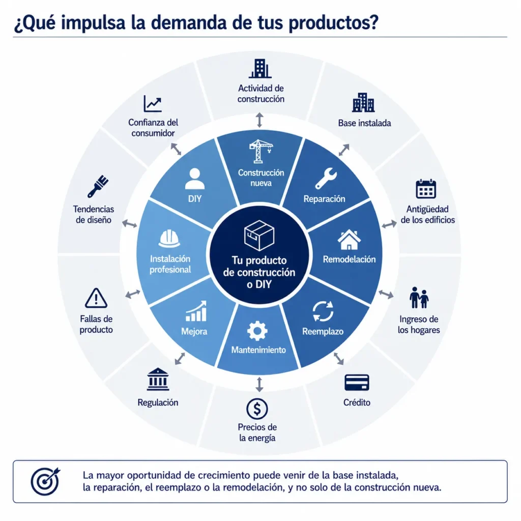 Rueda de demanda de Midas para productos de construcción y DIY, que muestra construcción nueva, reparación, remodelación, reemplazo, mantenimiento, mejoras, instalación profesional y DIY.