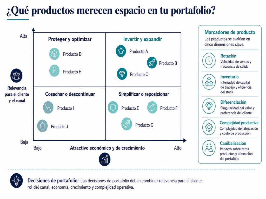 Matriz de portafolio de Midas para productos de construcción y DIY, que clasifica los productos para invertir, optimizar, reposicionar o descontinuar.