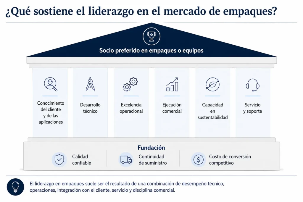 Casa de competitividad de envases de Midas, que muestra calidad, suministro, costo, conocimiento del cliente, desarrollo técnico, operaciones, sostenibilidad, servicio y ejecución comercial.