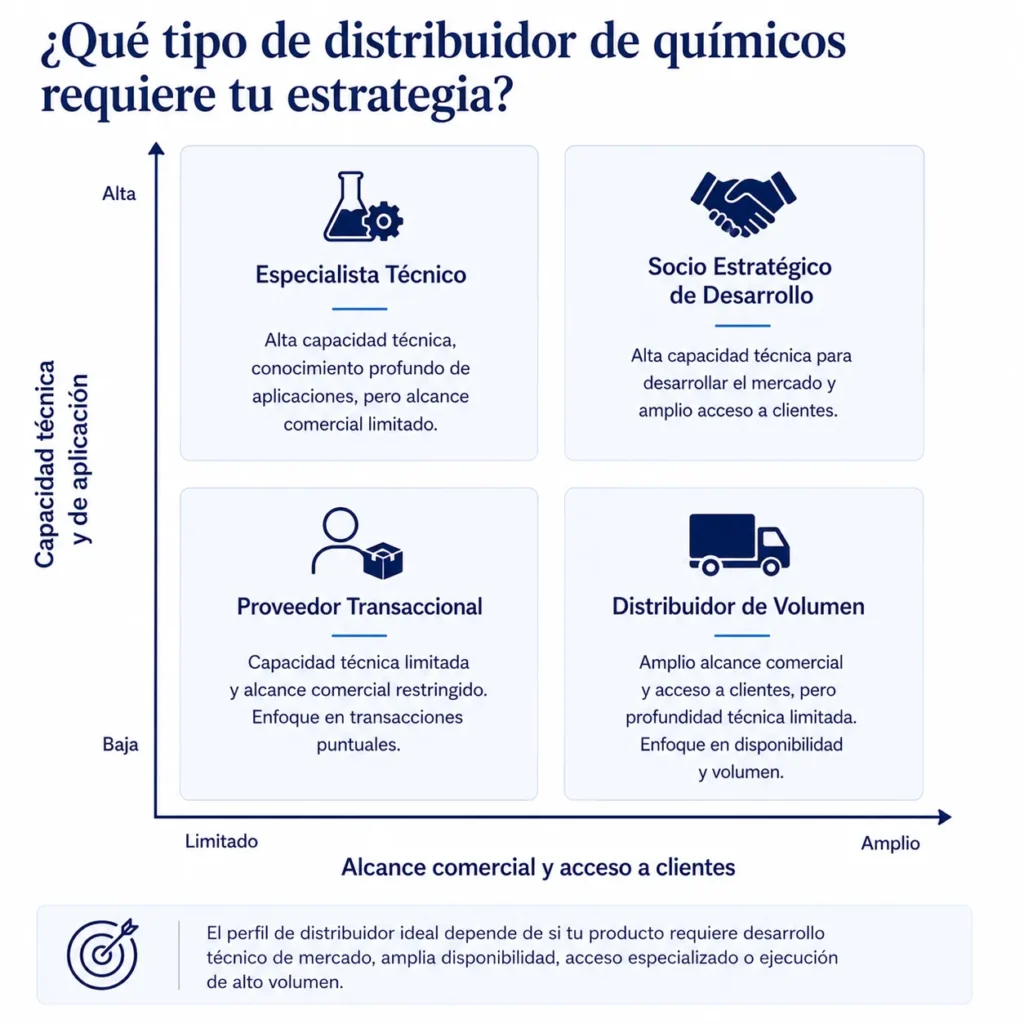 Matriz de distribuidores de productos químicos de Midas, que compara la capacidad técnica con el alcance comercial y el acceso a clientes.