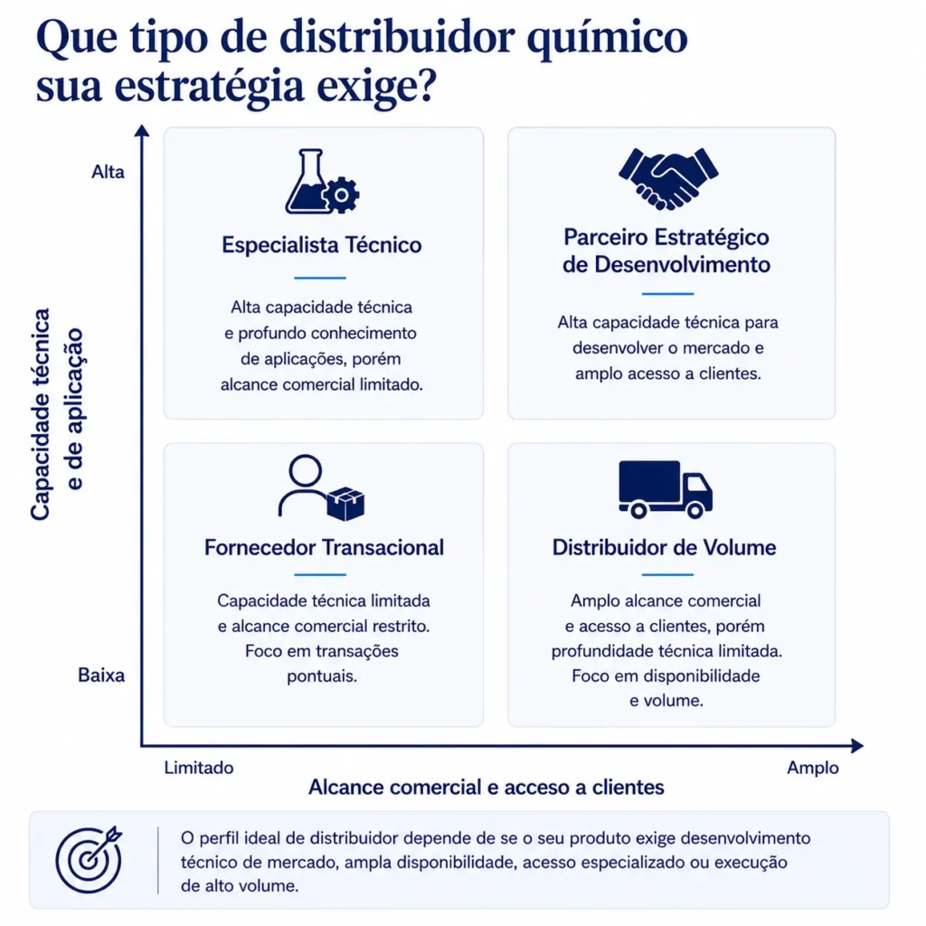 Matriz da Midas para distribuidores de produtos químicos, comparando capacidade técnica, alcance comercial e acesso aos clientes.