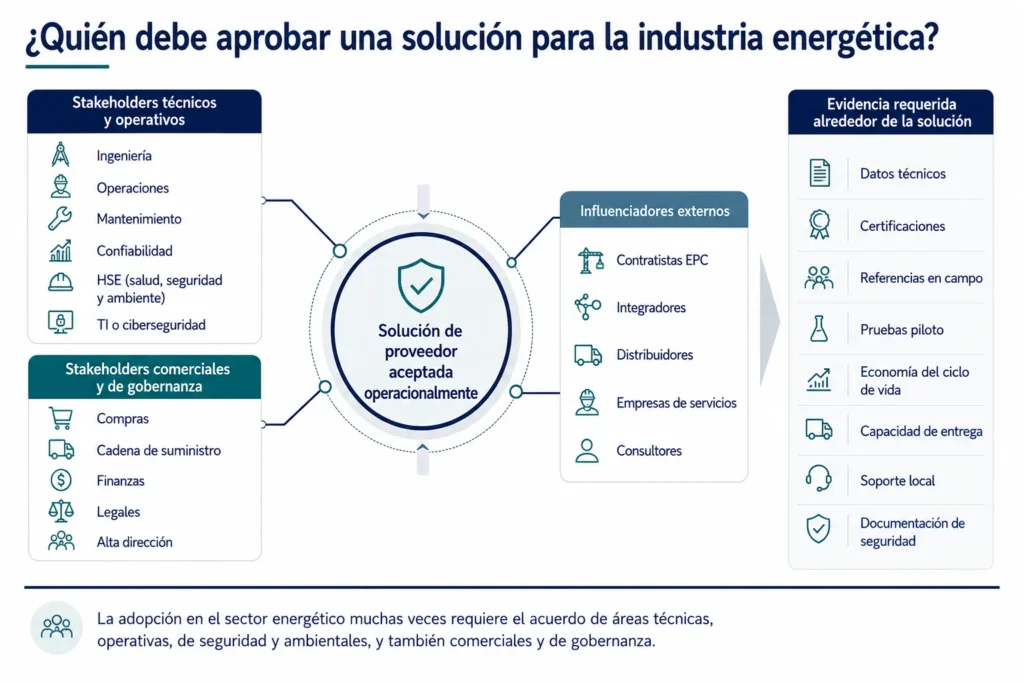 Mapa de Midas del centro de compras de la industria energética, que incluye ingeniería, operaciones, mantenimiento, seguridad, compras, finanzas, gerencia, contratistas y socios de servicios.
