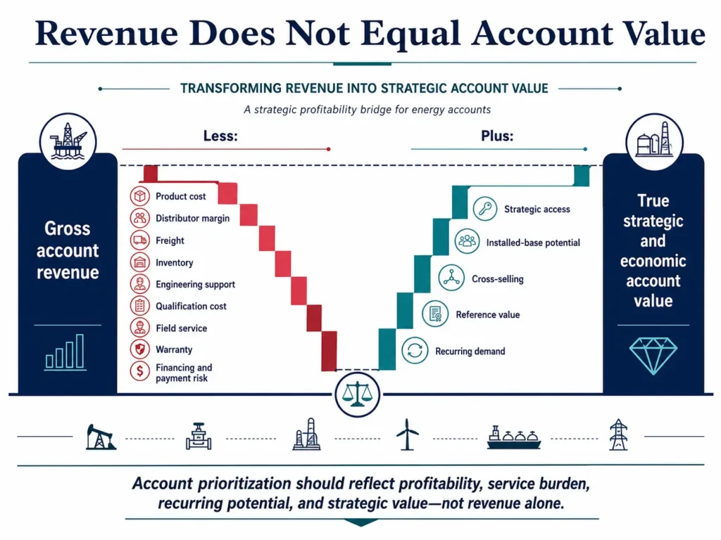 Midas energy account profitability bridge showing costs, service requirements, recurring demand, and strategic value.