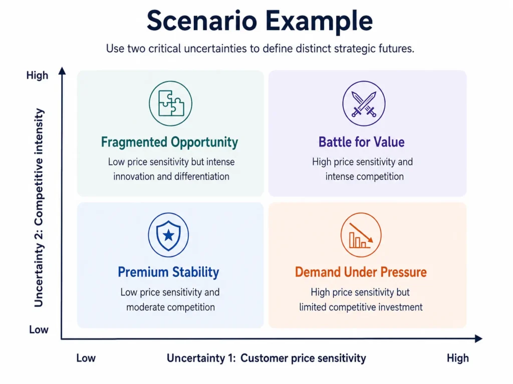 Scenario examples considering two uncertainties Customer price sensitivity (Low ↔ High) and Competitive intensity (Low ↔ High), which result in four scenarios:

1. Premium Stability (Low price sensitivity and moderate competition)
2. Battle for Value (High price sensitivity and intense competition)
3. Fragmented Opportunity (Low price sensitivity but intense innovation and differentiation)
4. Demand Under Pressure (High price sensitivity but limited competitive investment)