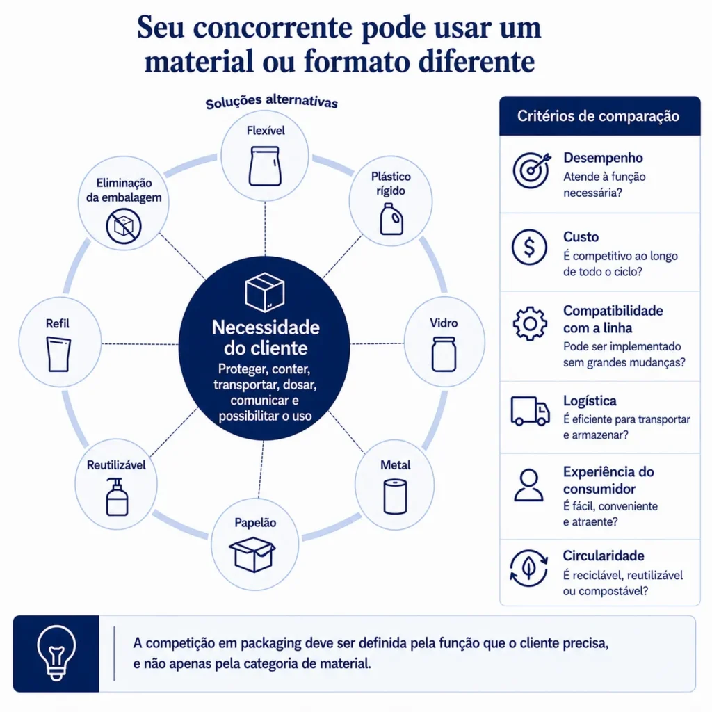 Mapa de substituição de embalagens da Midas, comparando alternativas flexíveis, plásticas rígidas, de vidro, metálicas, de papel-cartão, de papelão ondulado, reutilizáveis, de refil e sem embalagem.