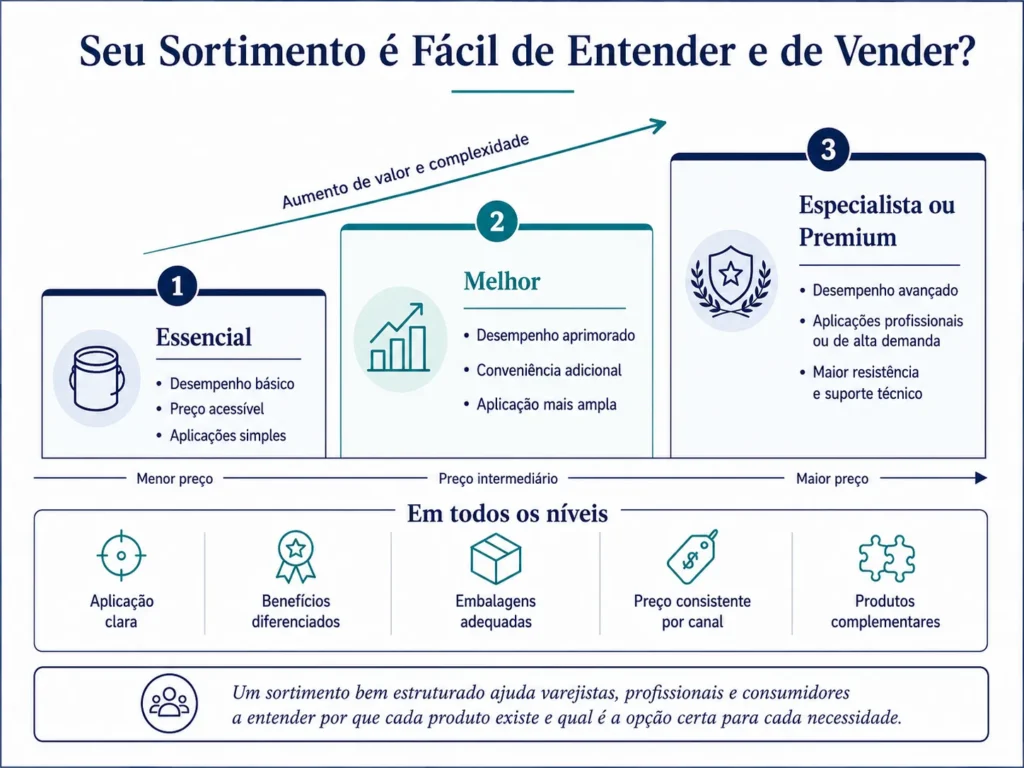 Escada de mix da Midas para produtos de construção e DIY, mostrando níveis essenciais, superiores e especializados ou premium.