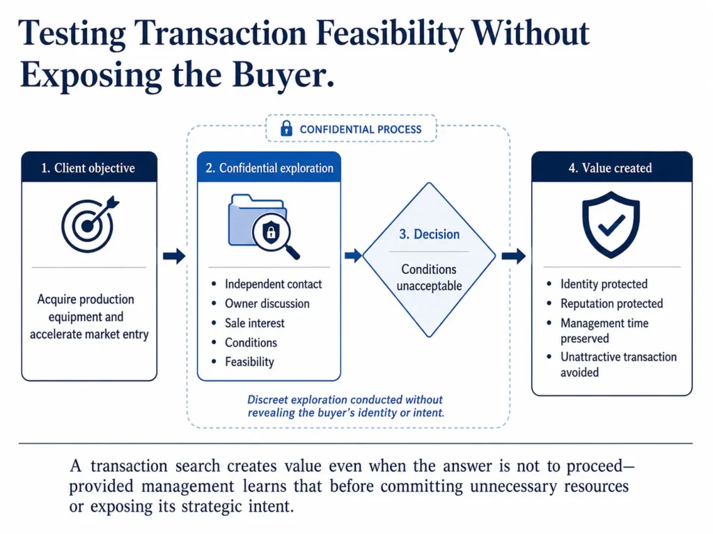 Packaging-equipment transaction Midas case showing confidential owner contact, feasibility assessment, unacceptable conditions, and a protected client decision.