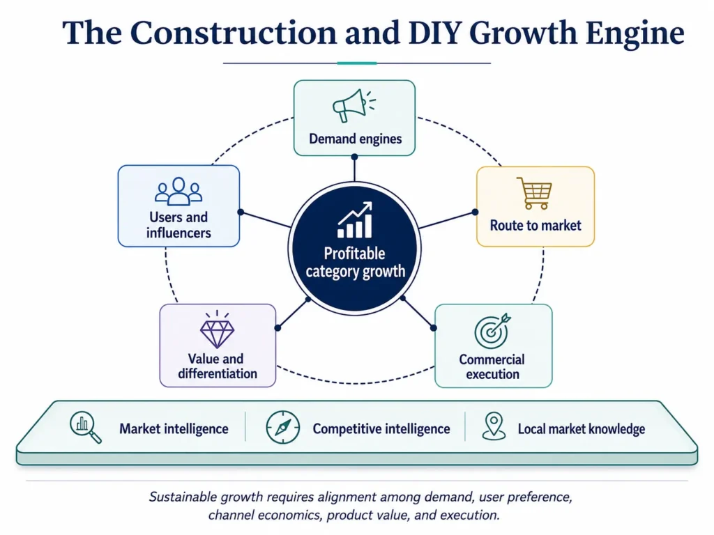 Midas construction and DIY growth engine connecting demand, users, channels, differentiation, and commercial execution.