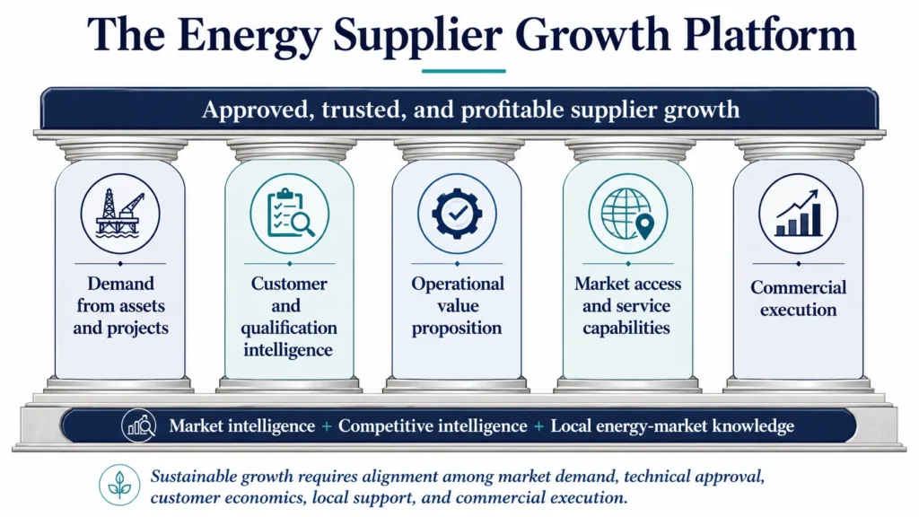 Midas energy supplier growth platform connecting demand, qualification, operational value, market access, service, and execution.