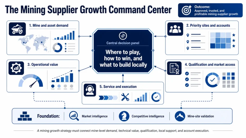 Midas mining supplier growth command center connecting mine demand, account priorities, operational value, qualification, service, and execution.