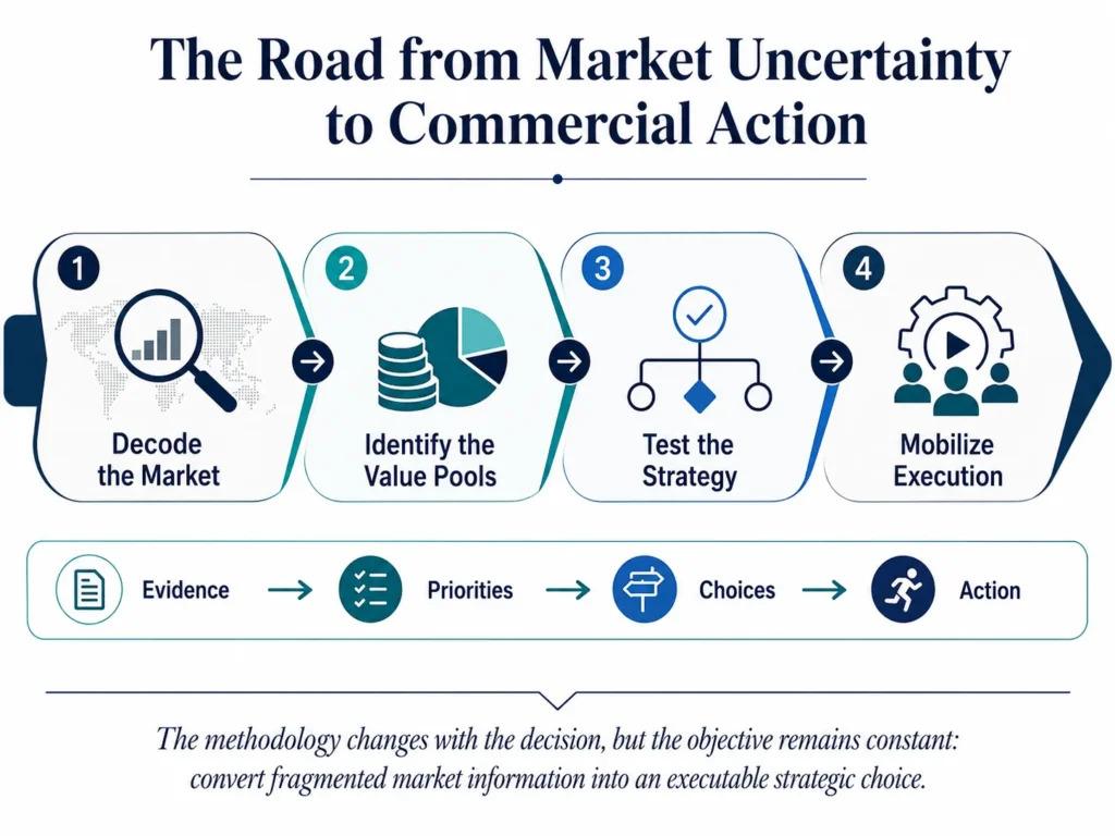 Midas four-stage automotive consulting process moving from market intelligence through value-pool analysis and strategy testing to execution.