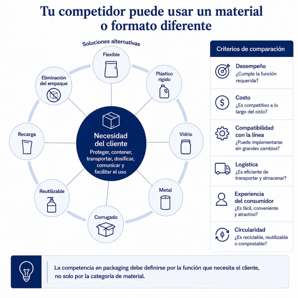 Mapa de sustitución de envases de Midas, que compara alternativas flexibles, plásticas rígidas, de vidrio, metal, cartón, corrugado, reutilizables, de recarga y sin envase.