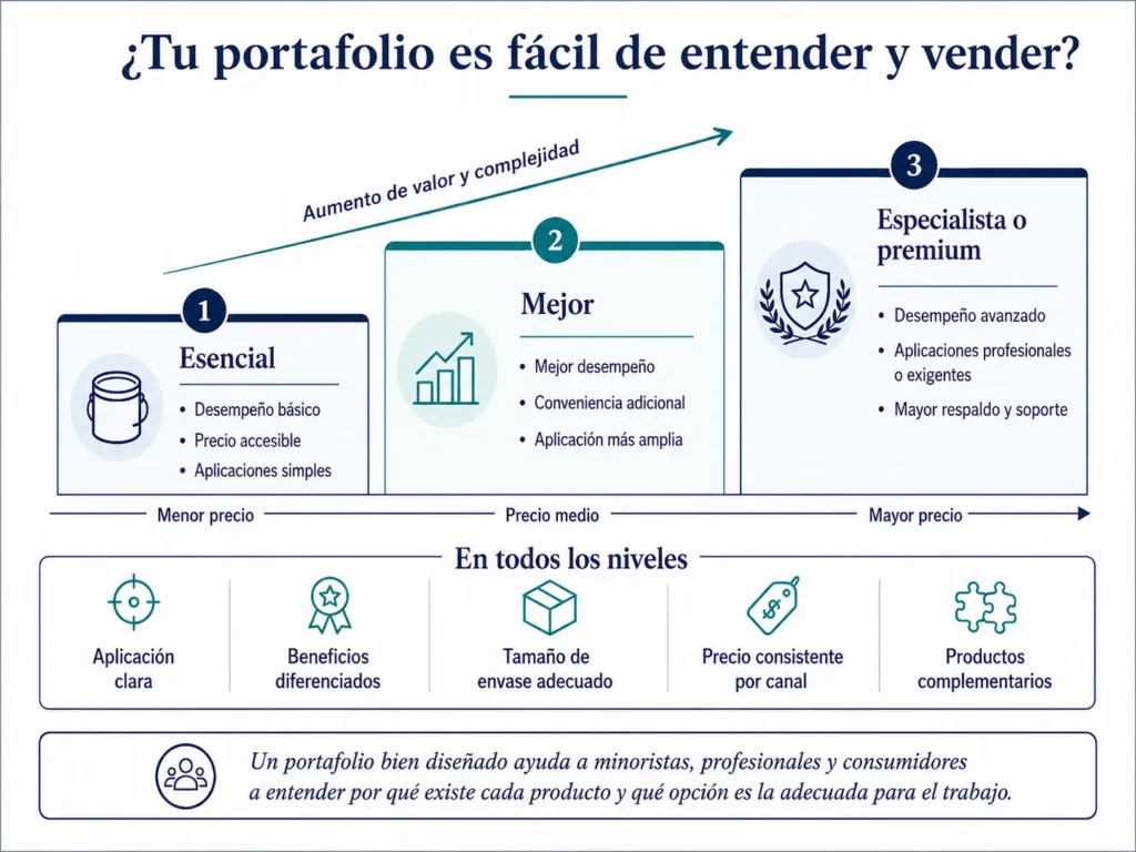 Escalera de surtido de Midas para productos de construcción y DIY, que muestra niveles esenciales, superiores y especializados o prémium.