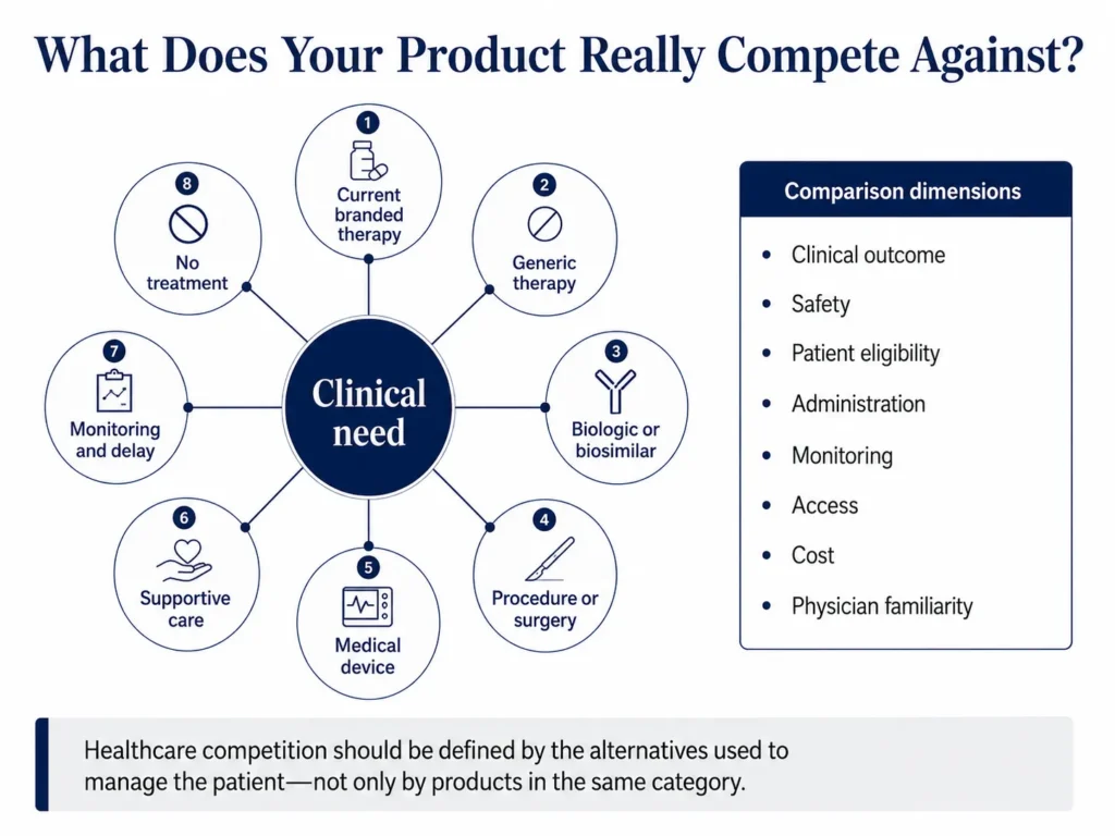 Healthcare competitive map comparing medicines, biologics, devices, procedures, supportive care, monitoring, and no treatment.