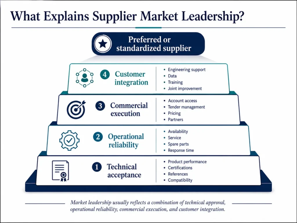 Midas energy-supplier performance stack progressing from technical acceptance through operational reliability and commercial execution to preferred-supplier status.