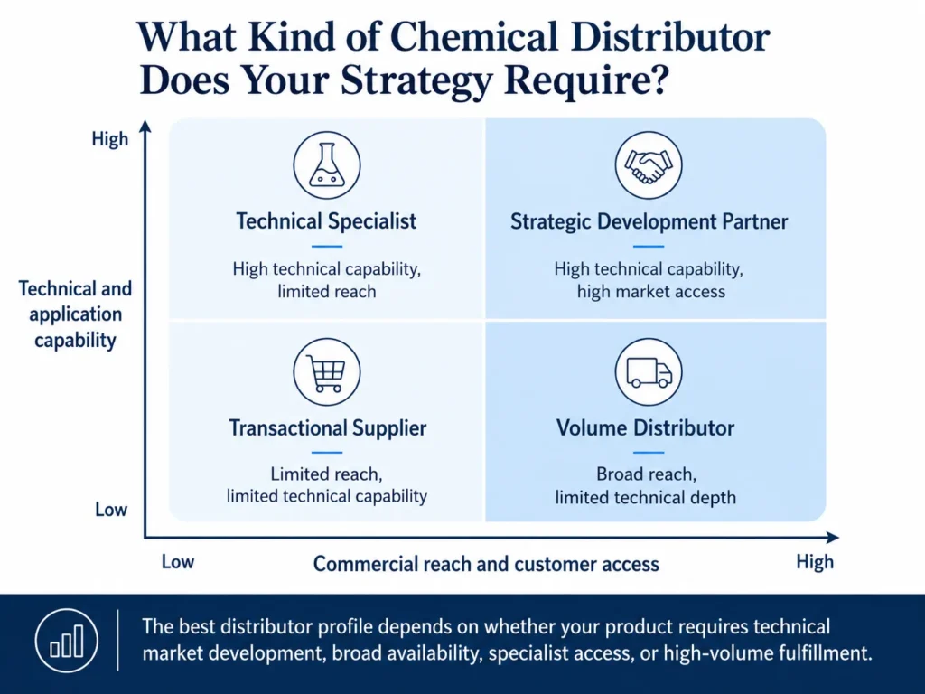 Midas chemical distributor matrix comparing technical capability with commercial reach and customer access.