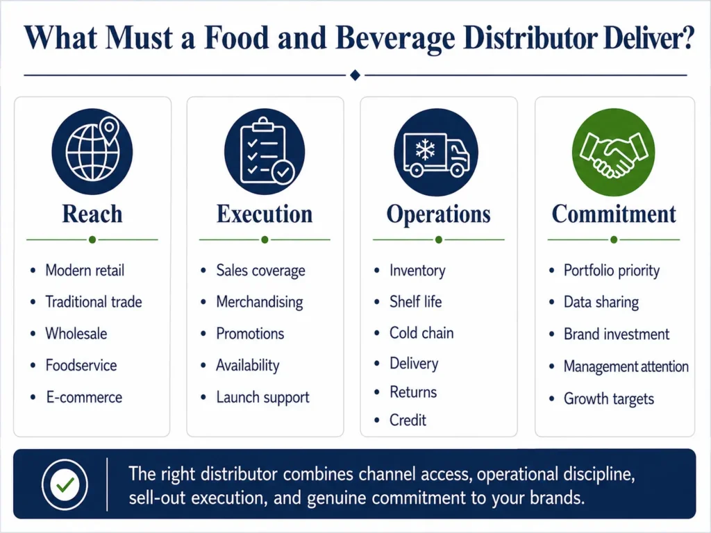 Midas food and beverage distributor evaluation covering channel reach, commercial execution, inventory, cold chain, data, and brand commitment.