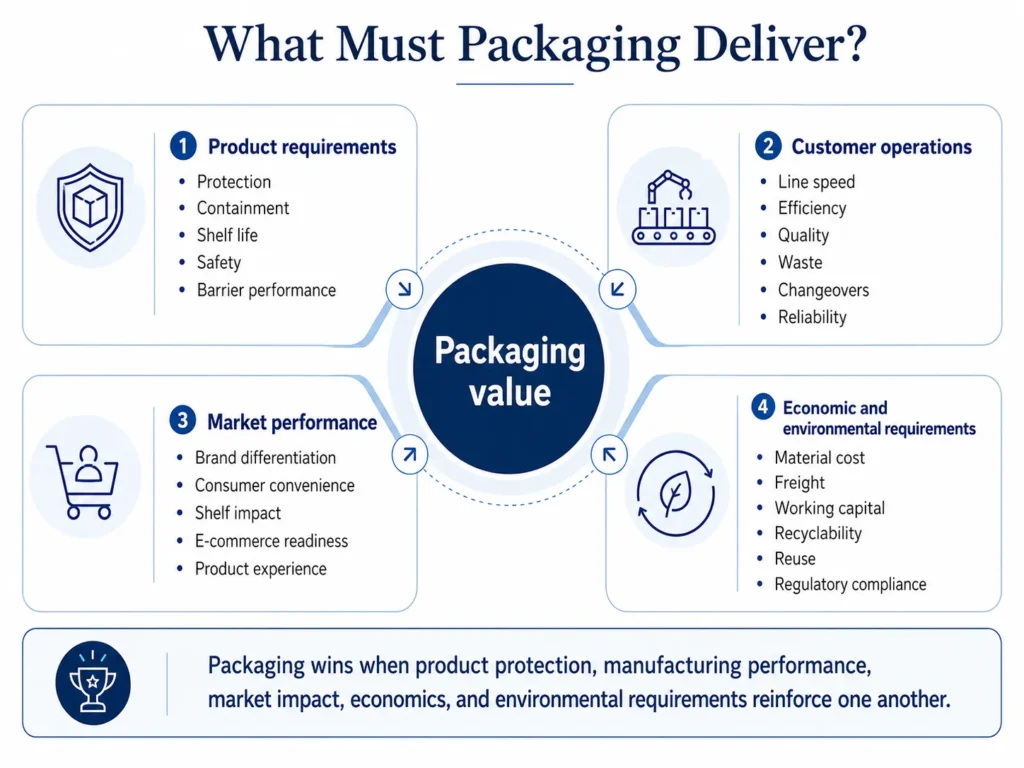 Midas packaging value framework connecting product protection, production-line performance, brand impact, consumer convenience, cost, regulation, and sustainability.