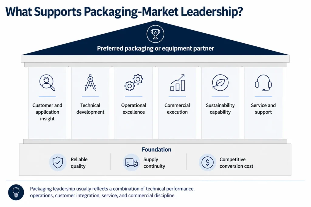Midas packaging competitiveness house showing quality, supply, cost, customer insight, technical development, operations, sustainability, service, and commercial execution.