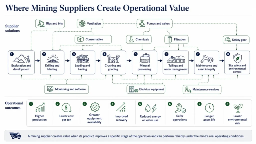 Midas description of the mining operations flow showing drilling, hauling, crushing, processing, water, maintenance, and safety, together with the products supplied to each stage.