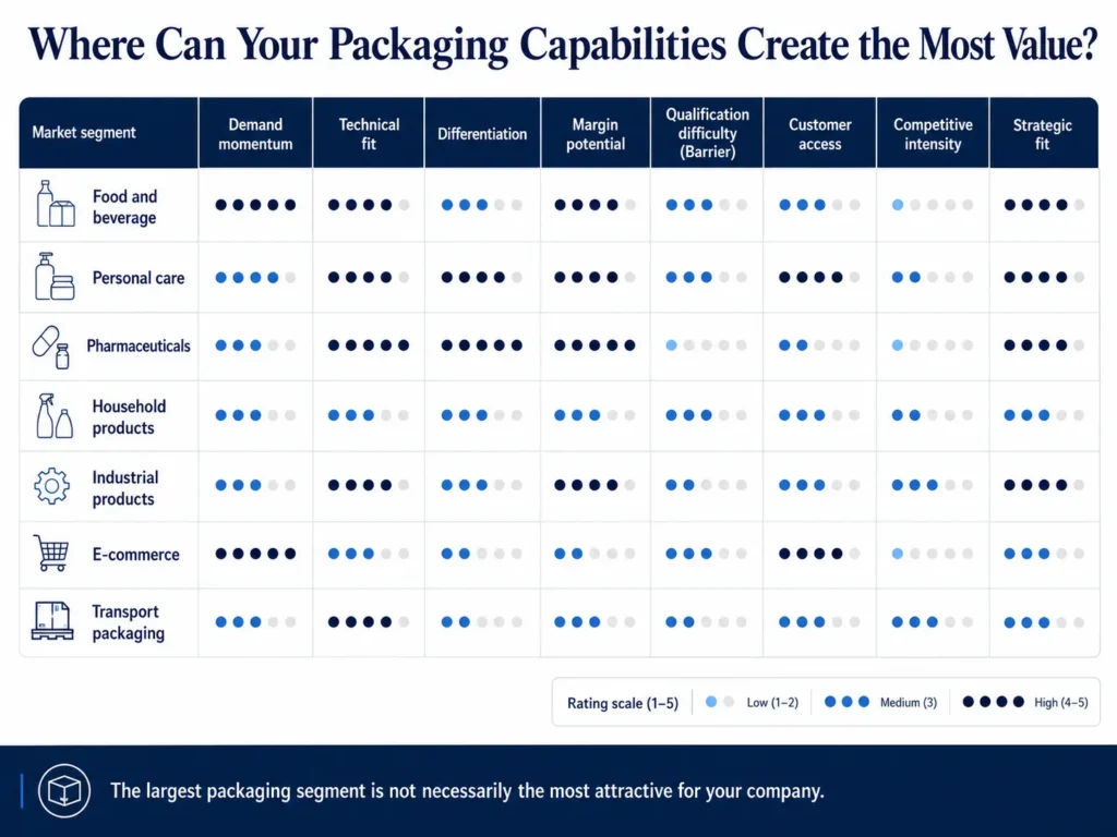 Midas packaging market scorecard comparing end-use industries by demand, technical fit, differentiation, margins, qualification, access, and competition.