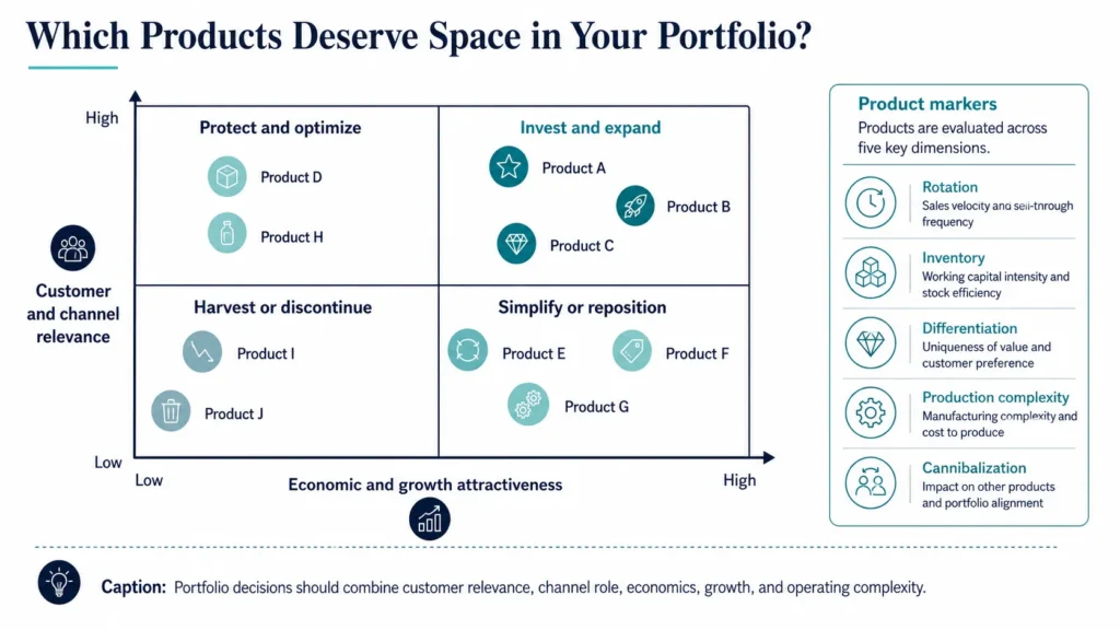 Midas construction and DIY product portfolio matrix categorizing products for investment, optimization, repositioning, or discontinuation.