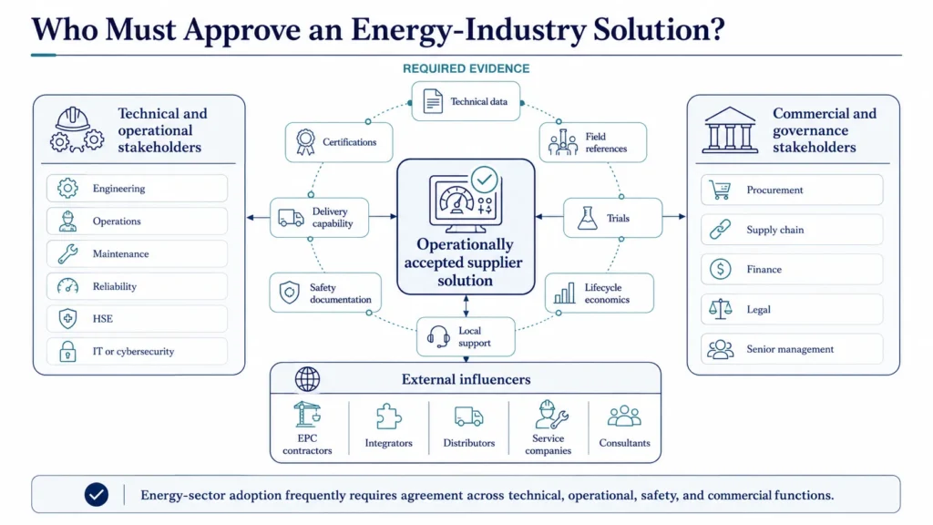 Midas energy-industry buying-center map showing engineering, operations, maintenance, safety, procurement, finance, management, contractors, and service partners.