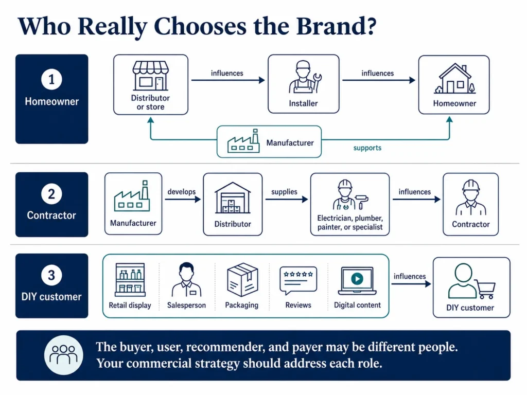 Midas construction and DIY buying-influence chain showing manufacturers, distributors, retailers, installers, contractors, homeowners, and DIY users.