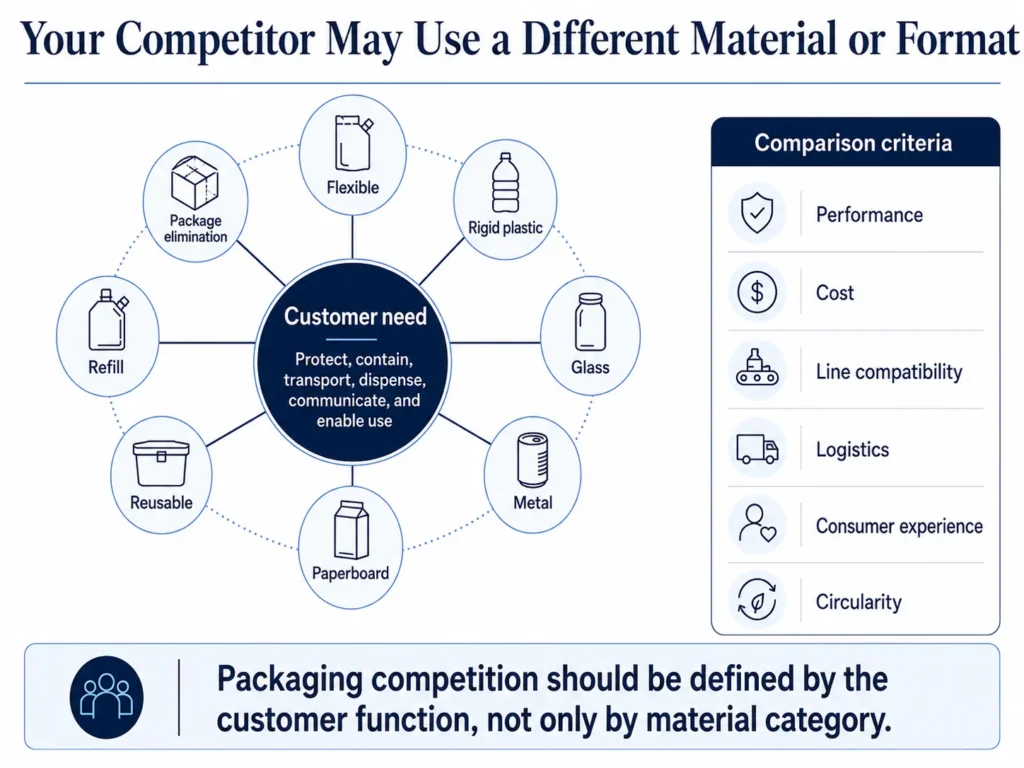 Midas packaging substitution map comparing flexible, rigid plastic, glass, metal, paperboard, corrugated, reusable, refill, and package-free alternatives.
