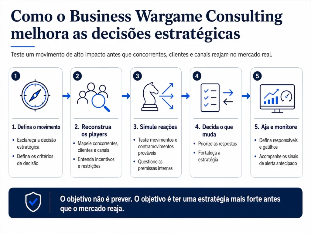 Diagrama em cinco etapas mostrando como a Consultoria em Wargames Empresariais da Midas melhora decisões estratégicas: definir o movimento, reconstruir os participantes, simular reações, decidir o que muda e agir e monitorar.