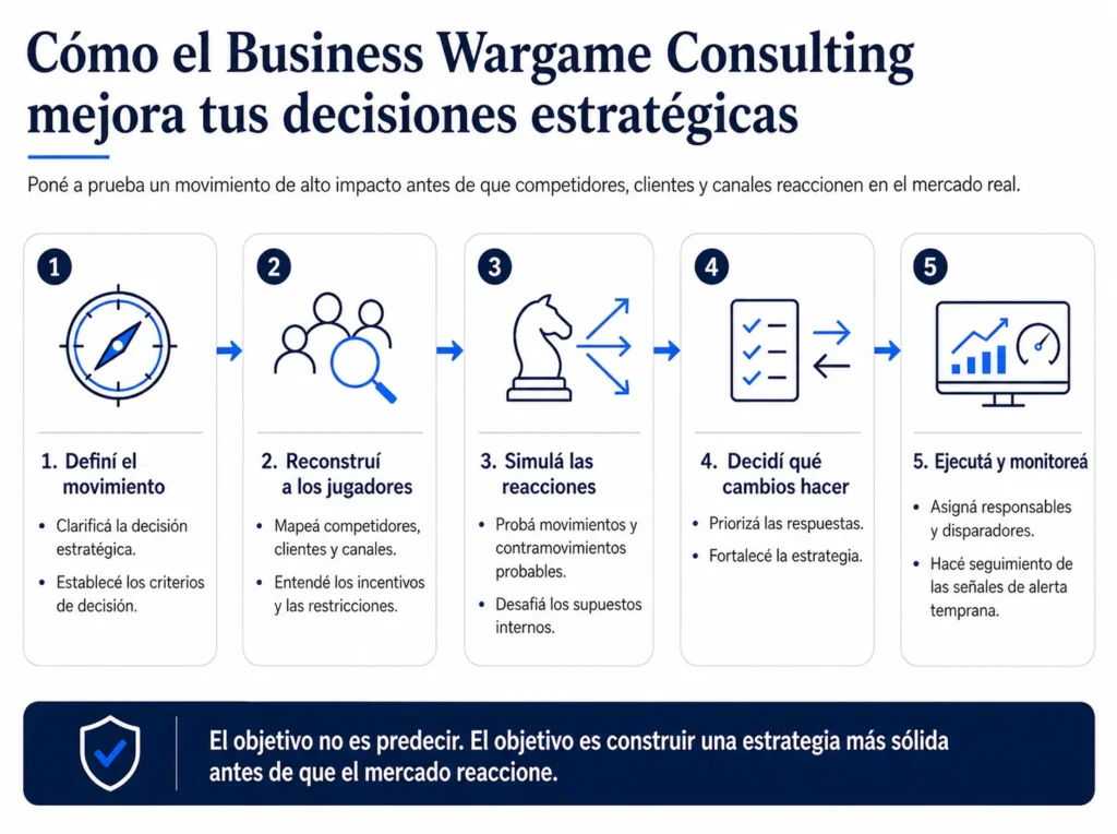 Diagrama de cinco pasos que muestra cómo la consultoría en wargames empresariales de Midas mejora las decisiones estratégicas: definir el movimiento, reconstruir a los actores, simular reacciones, decidir qué cambia, y actuar y monitorear.