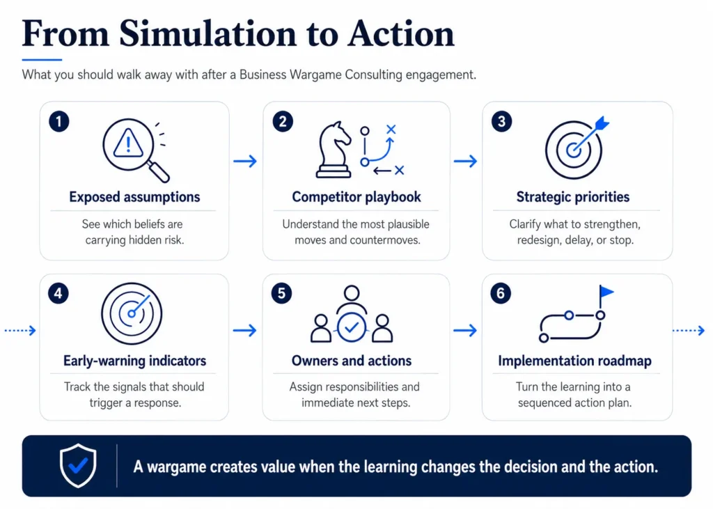 Midas' six business wargame outputs moving from exposed assumptions and competitor playbooks to strategic priorities, early-warning indicators, owners and actions, and an implementation roadmap.